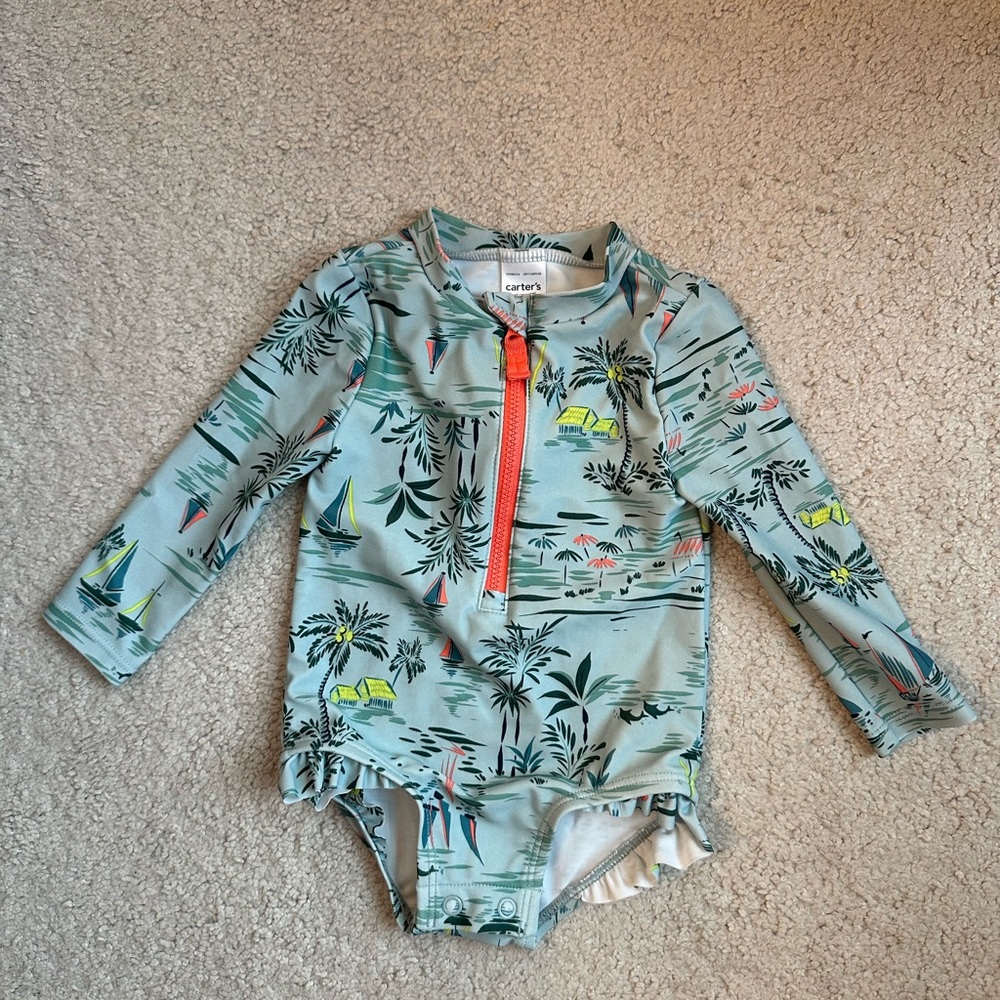 Tropical Print Kids Swim Rashguard - Blue and Yellow- size 6 months